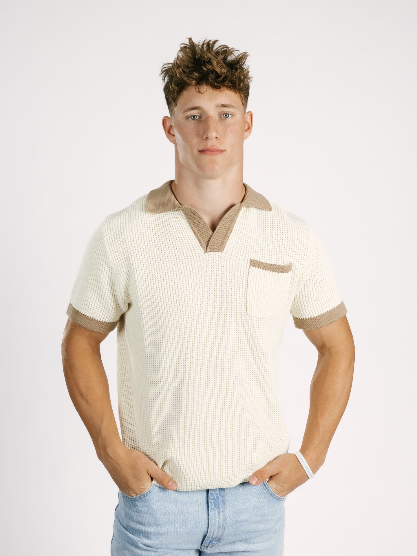 Cream Waffle Knit Polo