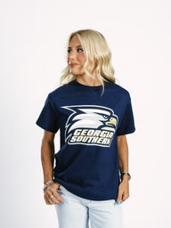 Navy Georgia Southern men's T-shirt with eagle head graphic by Arena Graffiti, casual fit, front view.