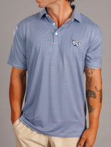 Arena Graffiti Augusta University men's Jag Head striped polo shirt with navy, white, and red horizontal stripes.