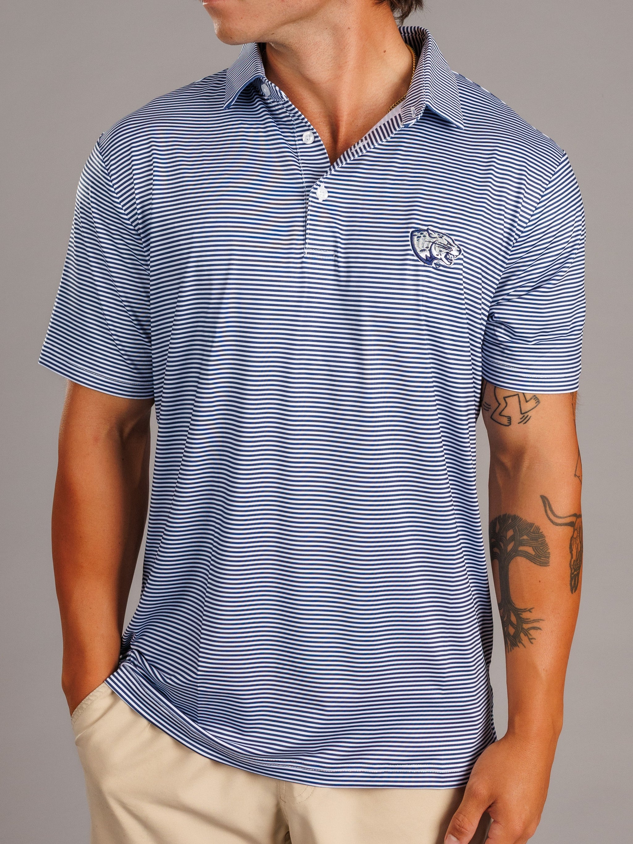 Arena Graffiti Augusta University men's Jag Head striped polo shirt with navy, white, and red horizontal stripes.