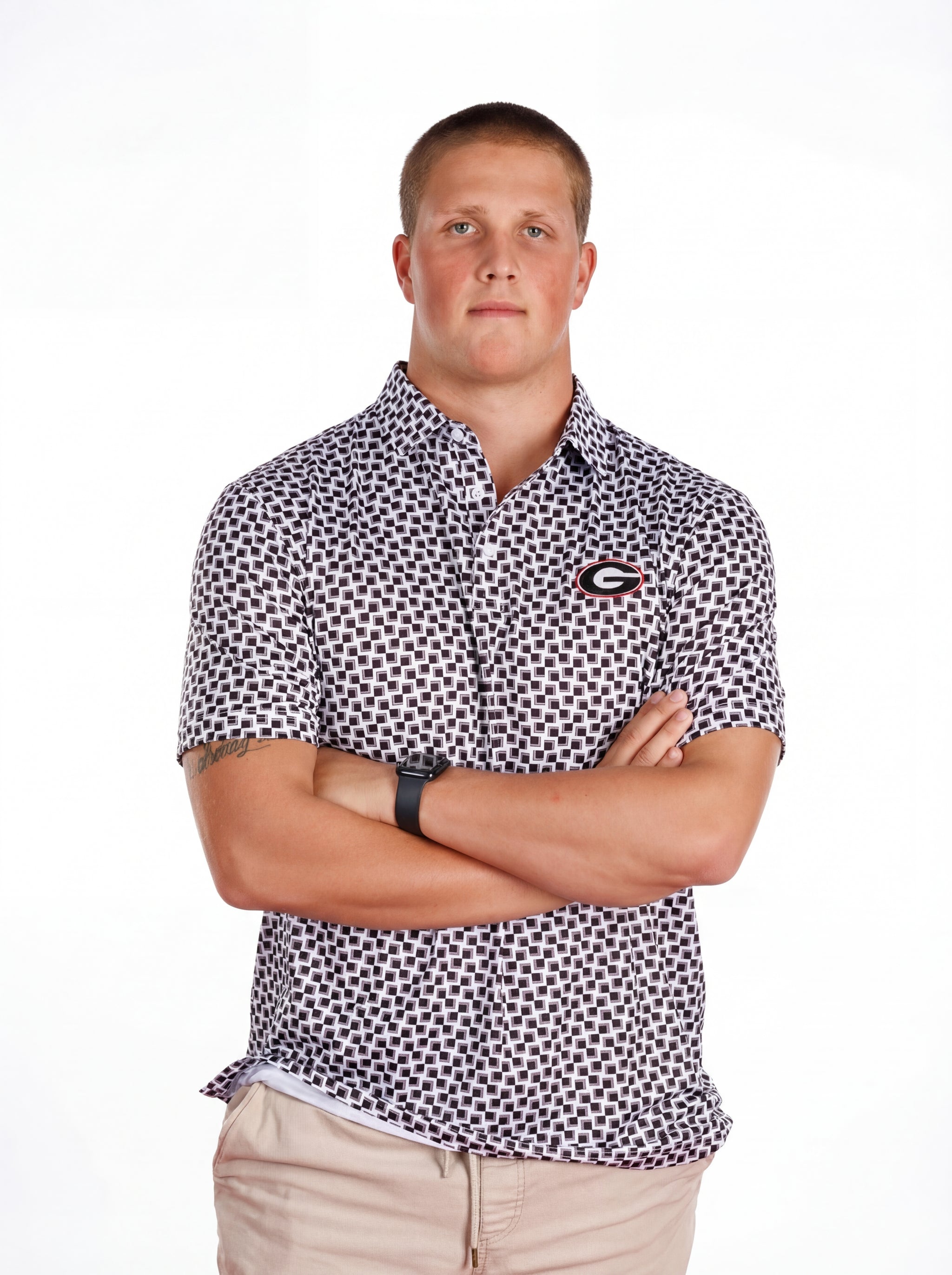 UGA Bulldogs men's checkered mark polo shirt by Arena Graffiti, featuring a classic checkered pattern and team logo.