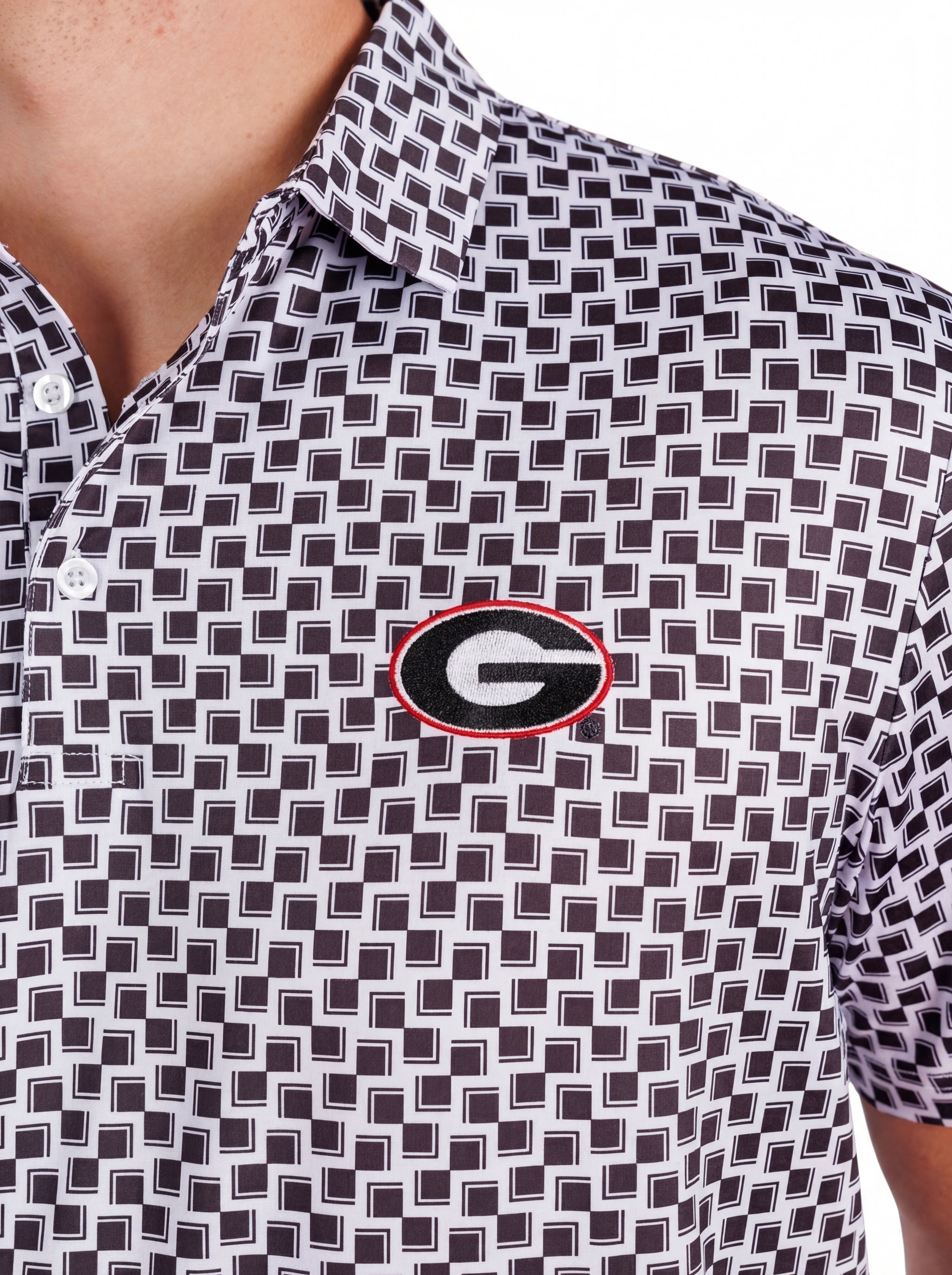 UGA Bulldogs men's checkered mark polo shirt by Arena Graffiti, featuring a classic checkered pattern and team logo.