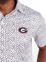 UGA Bulldogs men's "Splatter Mark" polo shirt by Arena Graffiti, featuring a colorful splatter design on a lightweight fabric.