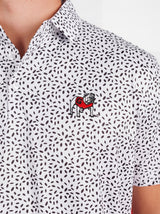 UGA Bulldogs men's black and white "Splatter Dawg" polo shirt by Arena Graffiti, featuring a bold splatter design and team logo.