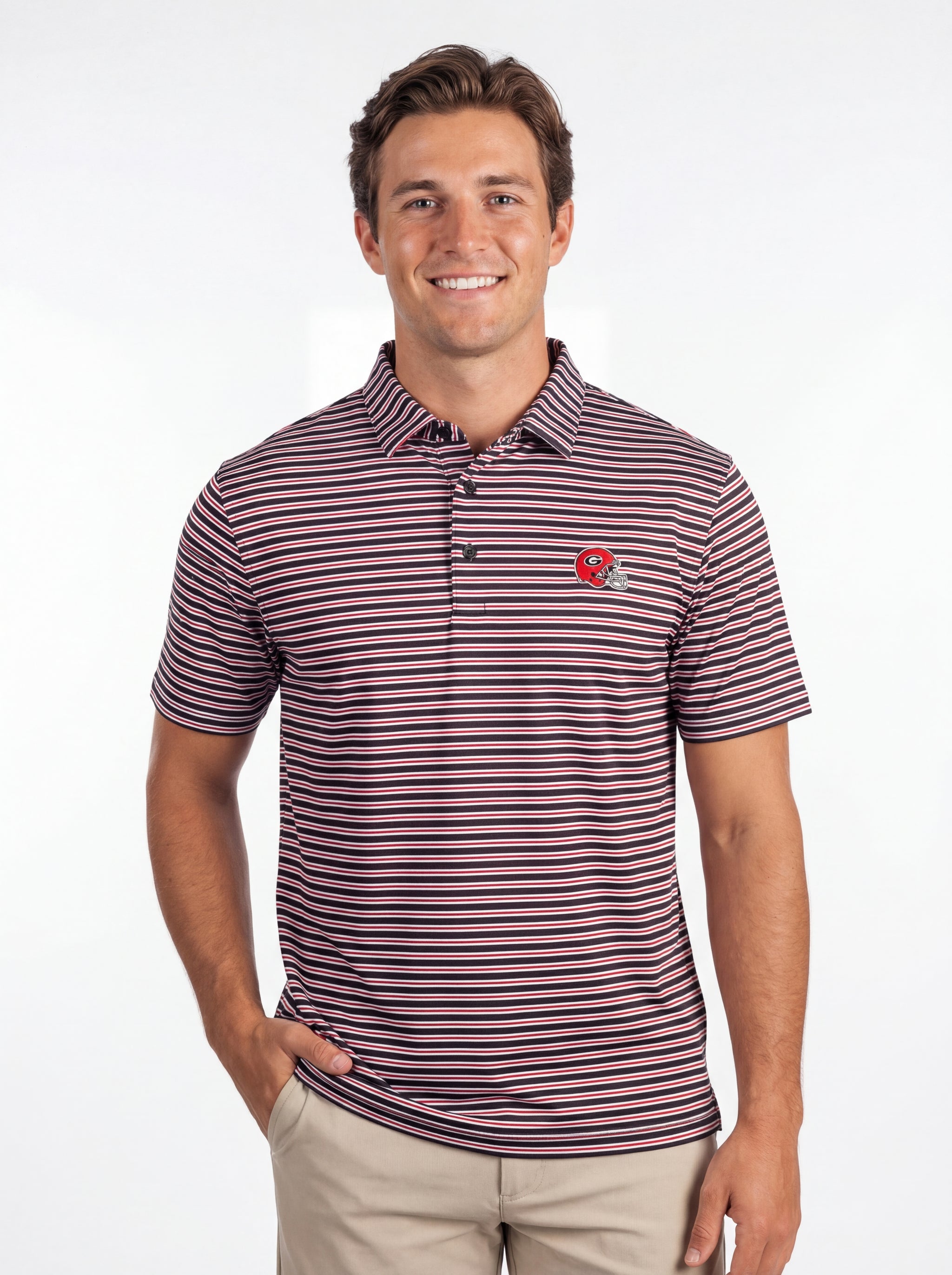 Men's UGA Bulldogs "Helmet Stripe" Polo by Arena Graffiti, featuring a polo shirt with UGA helmet stripe design and team logo.
