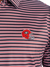 UGA Bulldogs men's "Helmet Stripe" polo shirt by Arena Graffiti, featuring a striped collar and team logo.