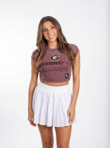 UGA Bulldogs women's vintage "G" crop top by Arena Graffiti, featuring a stylish athletic design and team logo.