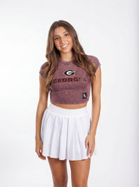 UGA Bulldogs women's vintage "G" crop top by Arena Graffiti, featuring a stylish athletic design and team logo.