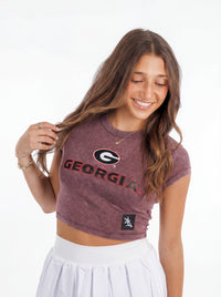 UGA Bulldogs women's vintage "G" crop top by Arena Graffiti, featuring a stylish distressed design and team logo.