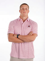 UGA Bulldogs men's "Standing Dawg" red and white striped polo shirt by Arena Graffiti, showing the front view with logo details.