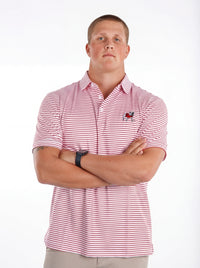 UGA Bulldogs men's "Standing Dawg" red and white striped polo shirt by Arena Graffiti, showing the front view with logo details.