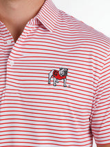 UGA Bulldogs men's "Standing Dawg" red and white striped polo shirt by Arena Graffiti, shown on a hanger.