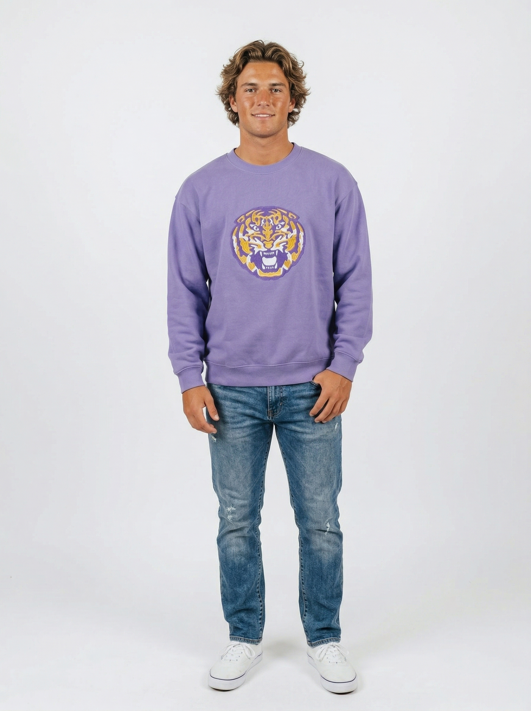 LSU Tigers men's "Mike" heavyweight crewneck sweatshirt by Arena Graffiti, featuring team logo and navy fabric.