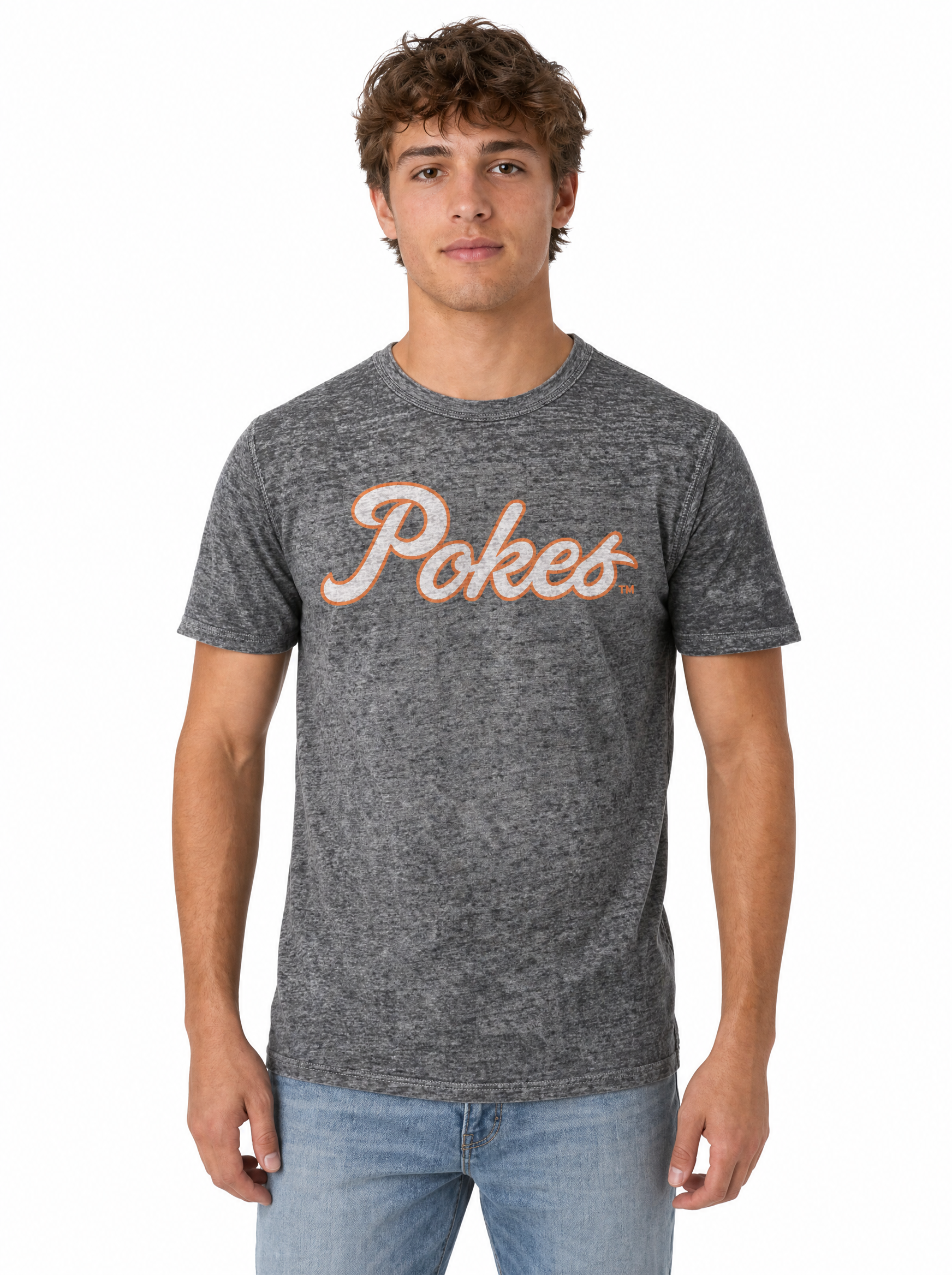 Oklahoma State Cowboys Men's | Grey "Pokes Script" Acid Wash Tee