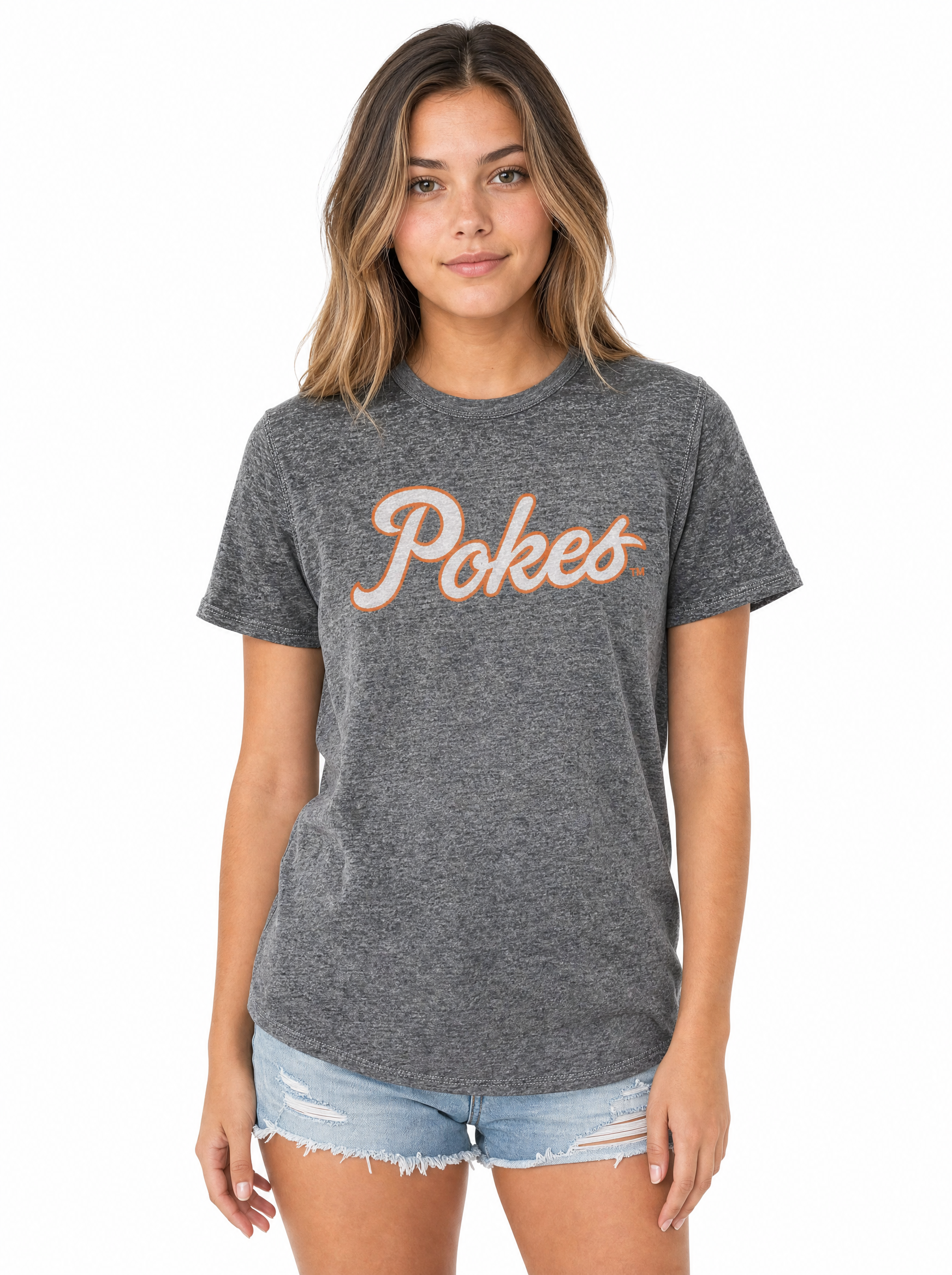 Oklahoma State Cowboys Women's | Grey "Pokes Script" Acid Wash Tee